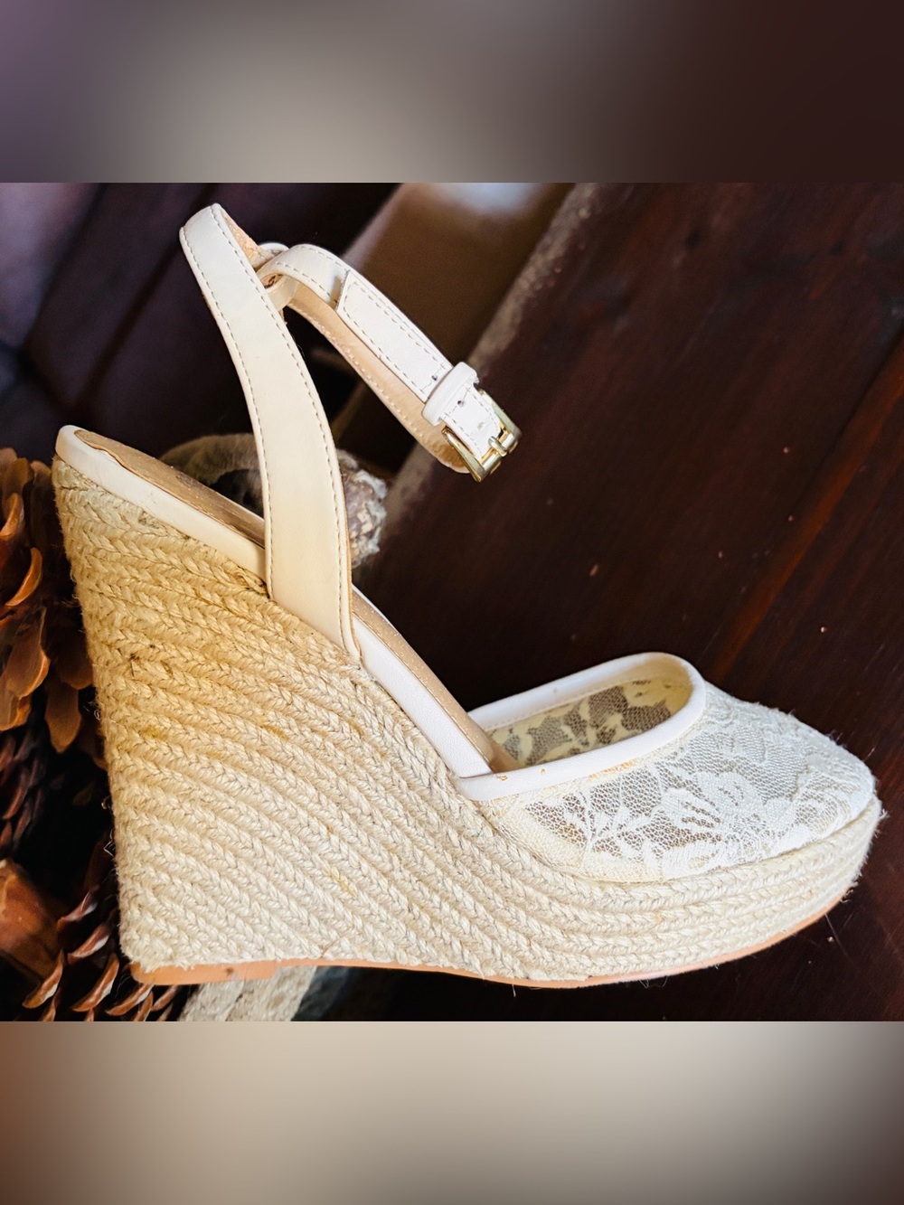 IVORY LACE ESPADRILLES WOVEN 5” HEEL 1” PLATFORM ANKLE STRAPS BEAUTIFUL SIZE 7B